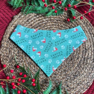 Christmas Dog Bandana - Reversible Holiday Pet Scarf with Santa&#39;s Helper Paw Prints & Candy Cane Dog Bones Pattern - Winter Dog Accessory