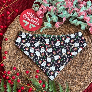 Christmas Dog Bandana - Reversible Holiday Pet Scarf with Christmas Spirits & Candy Cane Pattern - Winter Dog Accessory