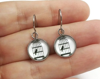 Bird in a cage drop earrings, Hypoallergenic pure titanium jewelry, Cute dainty white earrings