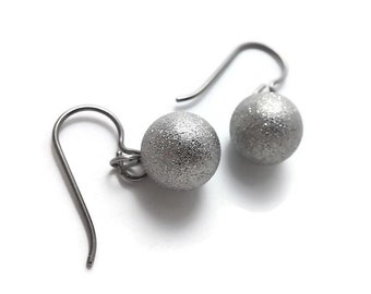 Metal glitter ball earrings, Silver stardust dangle earrings,Hypoallergenic pure titanium and stainless steel jewelry, Christmas gift