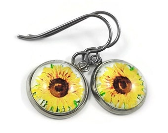 Sunflower earrings, Implant grade pure titanium jewelry, Cute everyday earrings