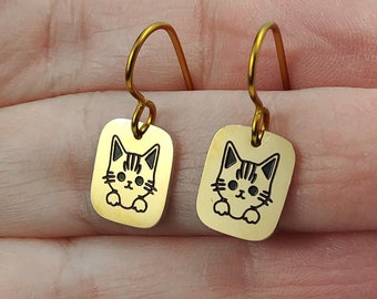 Dainty gold cat earrings, Pure niobium dangle earrings, Hypoallergenic jewelry, Fun gift for her