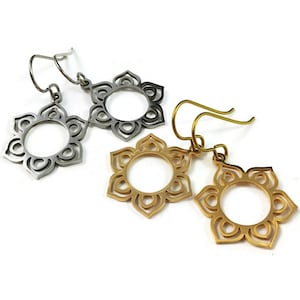 Mandala flower dangle earrings, Gold niobium hypoallergenic jewelry, Simple zen floral earrings image 2