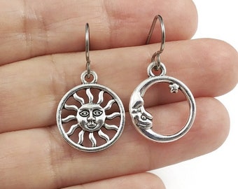 Moon and sun mismatched earrings, Unique silver celestial jewelry, Pure implant grade titanium dangle earrings