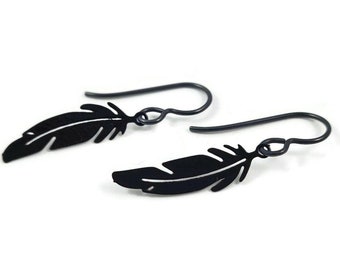 Black tiny feather niobium earrings, Hypoallergenic dainty jewelry, Lightweight dangle earrings