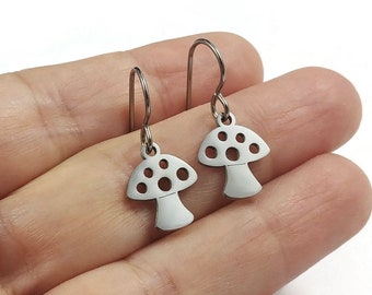 Dainty mushroom earrings, Cottagecore silver drop earrings, Hypoallergenic titanium jewelry