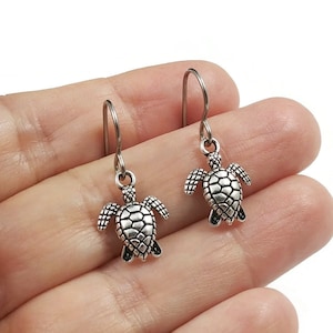 Dainty silver turtle dangle earrings, Cute gift for sea turtle lovers