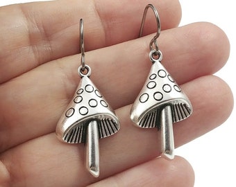 Silver mushroom earrings, Cottagecore dangle earrings, Fun fairy earrings, Hypoallergenic titanium jewelry