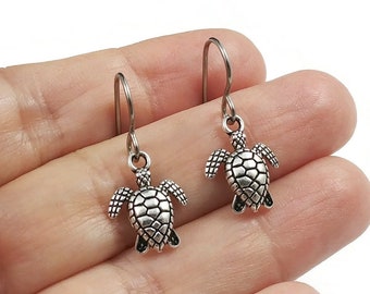 Dainty silver turtle dangle earrings, Cute gift for sea turtle lovers