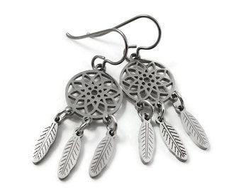 Dreamcatcher dangle earrings - Pure titanium and stainless steel