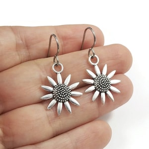 Small sunflower drop earrings, Implant grade pure titanium jewelry, Cute lightweight everyday earrings
