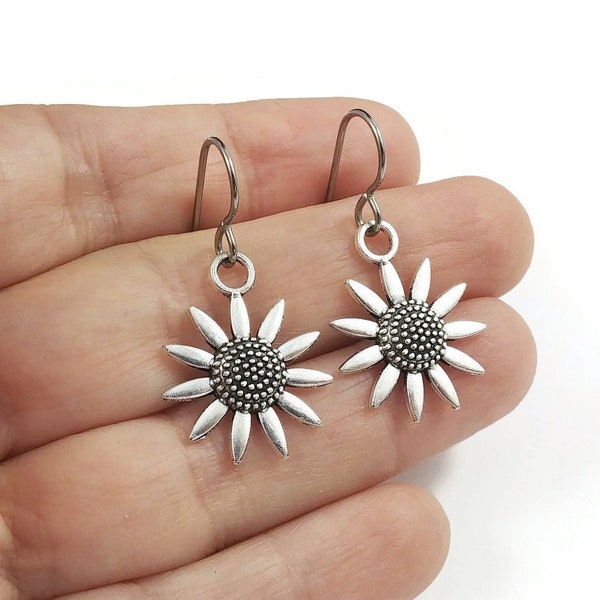 Small sunflower drop earrings, Implant grade pure titanium jewelry, Cute lightweight everyday earrings