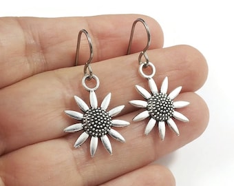 Small sunflower drop earrings, Implant grade pure titanium jewelry, Cute lightweight everyday earrings