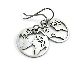 Silver world map dangle earrings, Hypoallergenic pure titanium and stainless steel, Travel gift jewelry