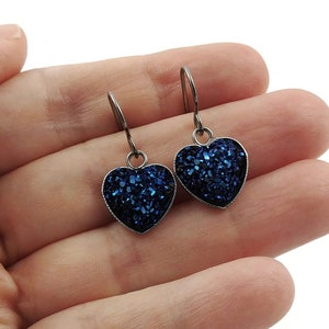 Midnight blue heart earrings, Hypoallergenic pure titanium jewelry, Resin druzy dangle earrings, Love gift for her image 1