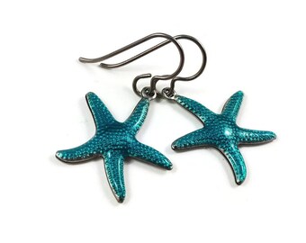 Starfish dangle earrings, Aqua blue enamel earrings, Pure titanium nautical jewelry, Ocean lover gift for her