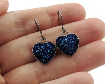Midnight blue heart earrings, Hypoallergenic pure titanium jewelry, Resin druzy dangle earrings, Love gift for her