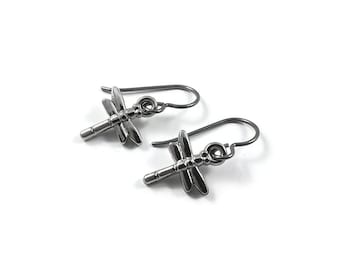 Silver dragonfly dangle earrings, Hypoallergenic titanium jewelry, Cute dainty insect earrings, lightweight everyday earrings