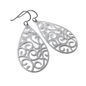 Silver teardrop dangle earrings, Pure titanium and stainless steel jewelry, Statement glitter earrings