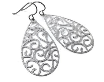 Silver teardrop dangle earrings, Pure titanium and stainless steel jewelry, Statement glitter earrings