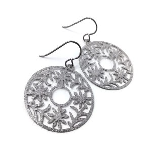 Silver round dangle earrings, Pure titanium floral jewelry, Glitter statement earrings, Lightweight stainless steel earrings image 2