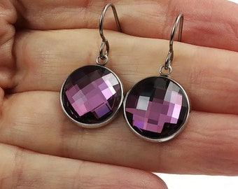 Plum crystal earrings, Rhinestone faceted dangle earrings, Pure titanium jewelry, Chic gift for her