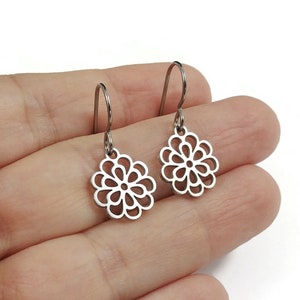 Chrysanthemum flower earrings, Dainty floral drop earrings, Implant grade pure titanium earrings, Tarnish free image 1