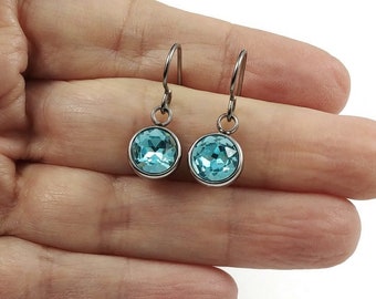 Blue crystal dangle earrings - Pure titanium, stainless steel and rhinestone jewelry