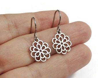 Chrysanthemum flower earrings, Dainty floral drop earrings, Implant grade pure titanium earrings, Tarnish free