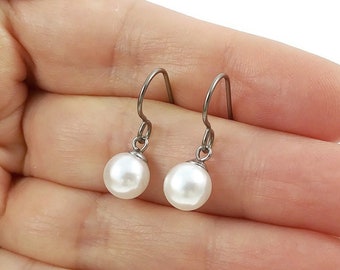 Minimalist pearl drop earrings, Hypoallergenic pure titanium jewelry, Implant grade safe for sensitive ears