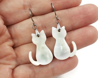 Fun cat earrings, Hypoallergenic pure titanium jewelry, White acrylic dangle earrings