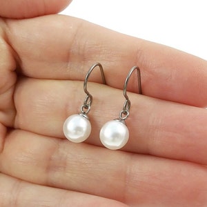 Minimalist pearl drop earrings, Hypoallergenic pure titanium jewelry, Implant grade safe for sensitive ears image 1