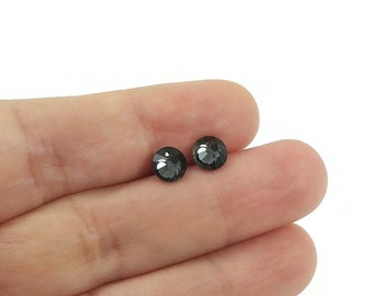 Black diamond pure titanium stud earrings, Grey crystal nickel free jewelry for sensitive ears