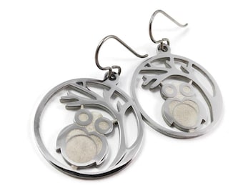 Silver owl dangle earrings - Pure titanium and stainless steel