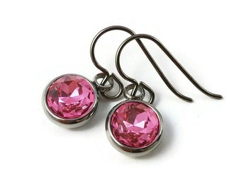 Pink drop dangle earrings, dainty rhinestone earrings, Girls titanium hypoallergenic jewelry, Birthday gifts for her