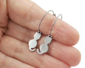 Cat silhouette hoop earrings, Implant grade pure titanium jewelry for sensitive ears, Tarnish free