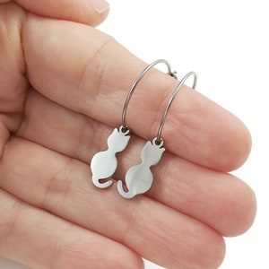 Cat silhouette hoop earrings, Implant grade pure titanium jewelry for sensitive ears, Tarnish free