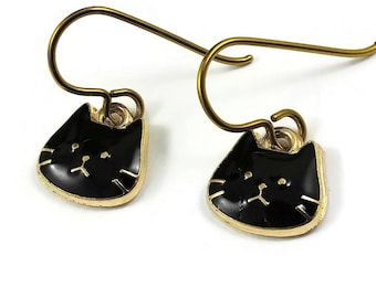 Dainty black cat earrings, Pure niobium dangle earrings, Hypoallergenic gold earrings, Fun gift for her