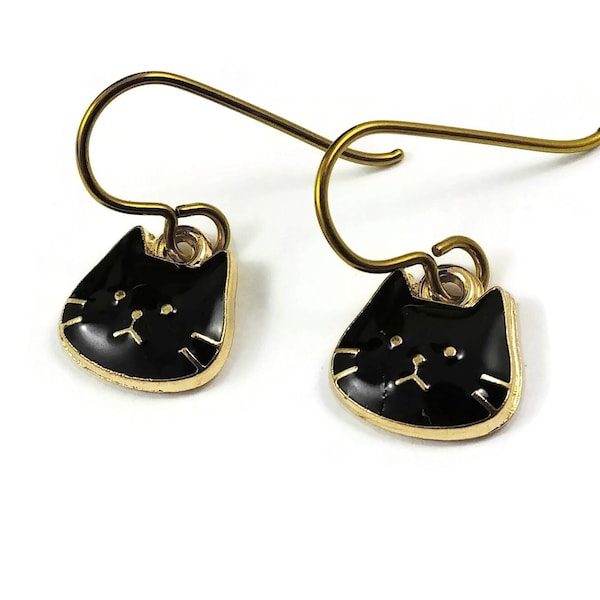 Dainty black cat earrings, Pure niobium dangle earrings, Hypoallergenic gold earrings, Fun gift for her