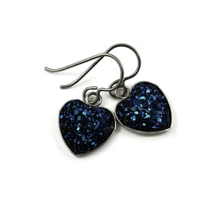 Midnight blue heart earrings, Hypoallergenic pure titanium jewelry, Resin druzy dangle earrings, Love gift for her image 2