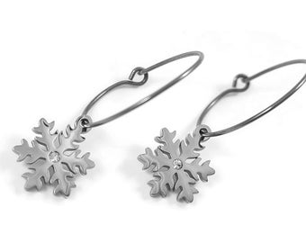 Snowflake hoop earrings, Hypoallergenic titanium and surgical steel, Waterproof non tarnish jewelry, Winter gift for her
