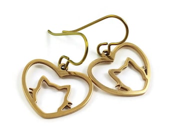 Gold cat drop earrings, Cat lover gift, Cute heart earrings, Hypoallergenic niobium jewelry
