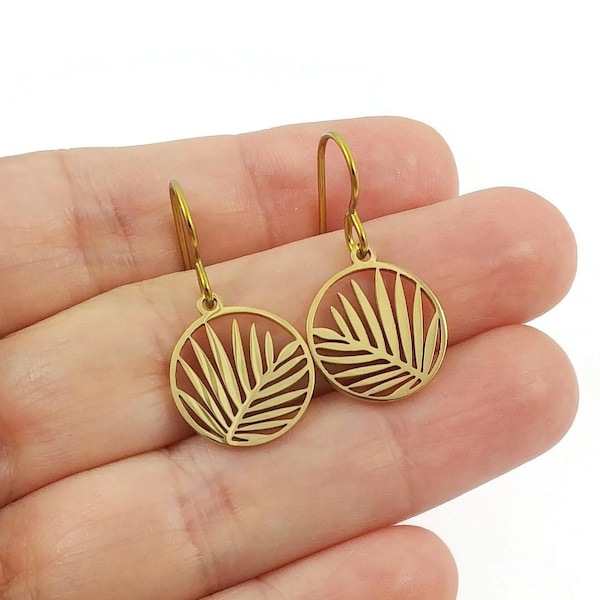 Niobium palm leaf drop earrings, Gold hypoallergenic jewelry, Pure implant grade for sensitive ears