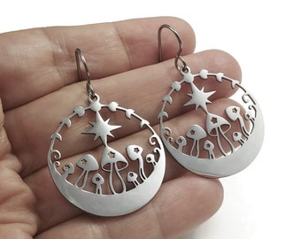 Fairy mushroom garden earrings, Cottagecore moon phase dangle earrings, Hypoallergenic titanium jewelry