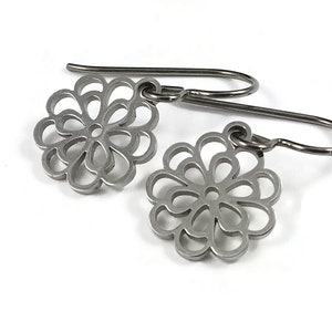 Chrysanthemum flower earrings, Dainty summer drop earrings, Implant grade pure titanium earrings, Tarnish free