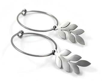 Botanical hoop earrings, Implant grade pure titanium jewelry for sensitive ears, Tarnish free