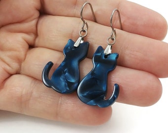 Blue cat earrings, Hypoallergenic pure titanium jewelry, Acetate acrylic dangle earrings