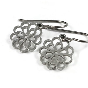 Chrysanthemum flower earrings, Dainty floral drop earrings, Implant grade pure titanium earrings, Tarnish free image 2