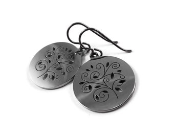 Silver hollow tree dangle earrings - Hypoallergenic pure titanium and stainless steel