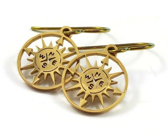 Compass rose gold earrings, Pure niobium and stainless steel jewelry, Nautical dangle earrings, Travel theme gift